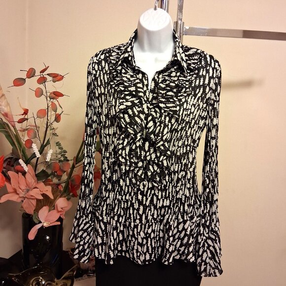 NWT Simon Chang Women's White Black Printed Ruffle Blouse Top Size 14 L - Picture 4 of 10
